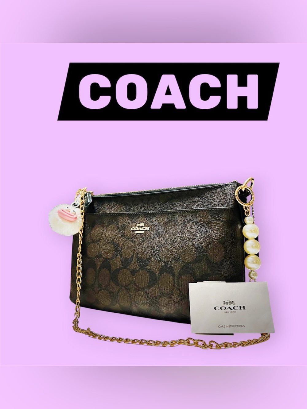 COACH Black Signature Monogram Chain Crossbody with Pearl Accent - Picture 8 of 17